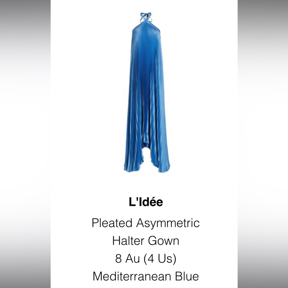 L’idee Pleated Asymmetric Halter Gown in Mediterranean Blue
